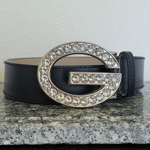 '06 Guess Belt Sz XL Rhinestone G Black Synthetic Leather Excellent Condition